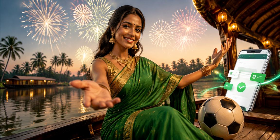 Kerala backwaters scene with active football betting interface